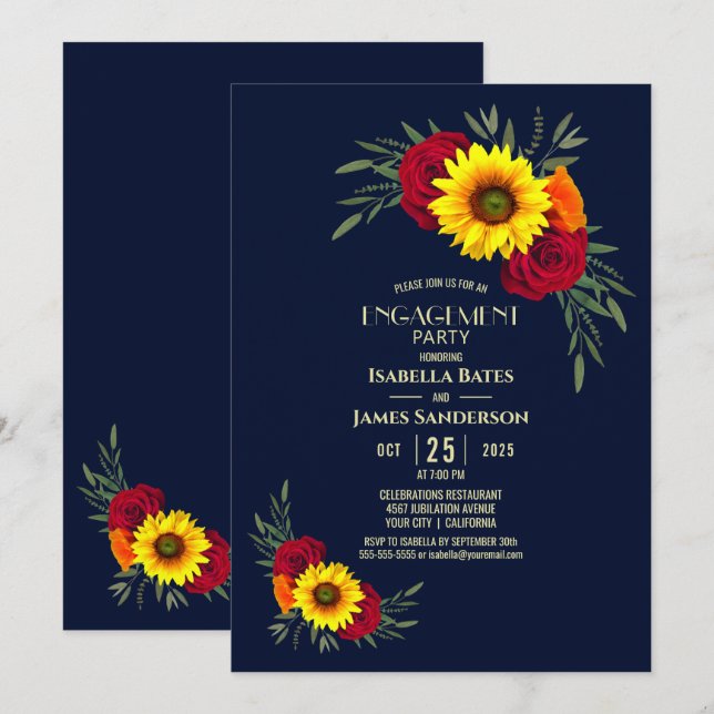 Sonnenblumen-Rose Navy Blue Engagement Party Einladung (Vorne/Hinten)