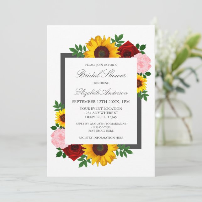 Sonnenblumen-Rose Peonies Herbstblume Brautparty Einladung (Stehend Vorderseite)