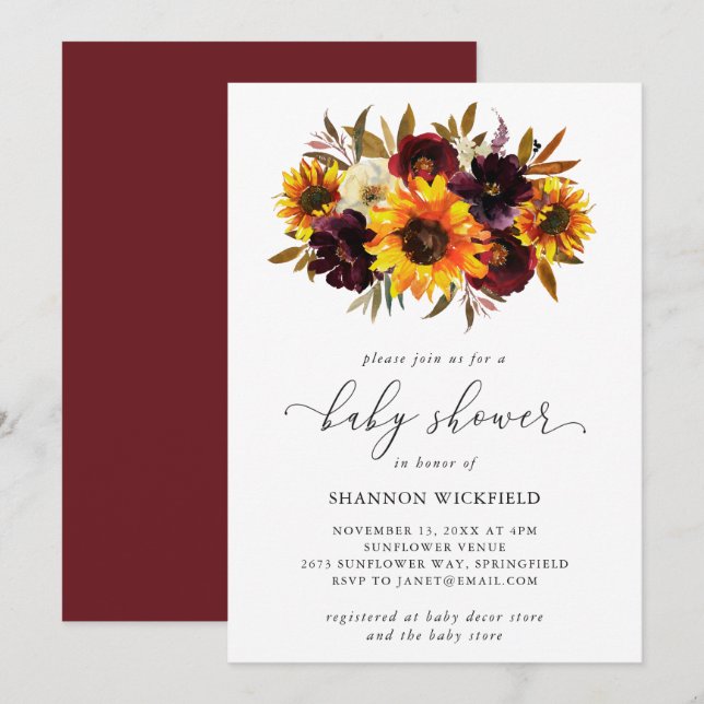 Sonnenblumen Rose Rotes Lila Rustikales Fall Baby  Einladung (Vorne/Hinten)