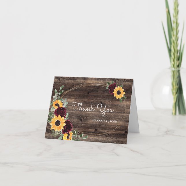 Sonnenblumen Rose Rustic Wood Wedding Danke Karte (Vorderseite)