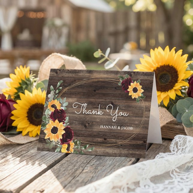 Sonnenblumen Rose Rustic Wood Wedding Danke Karte (Von Creator hochgeladen)