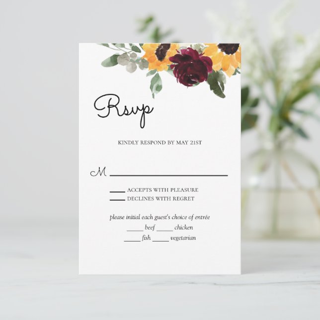 Sonnenblumen Rose Rustikale Hochzeit mit Speisen RSVP Karte (Stehend Vorderseite)