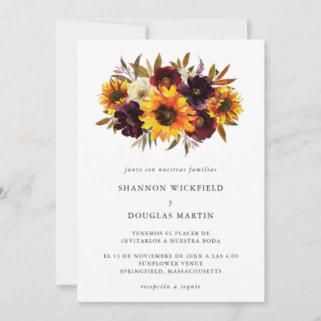 Sonnenblumen Rose Rustikaler Fall Spanische Hochze Einladung (Vorderseite)