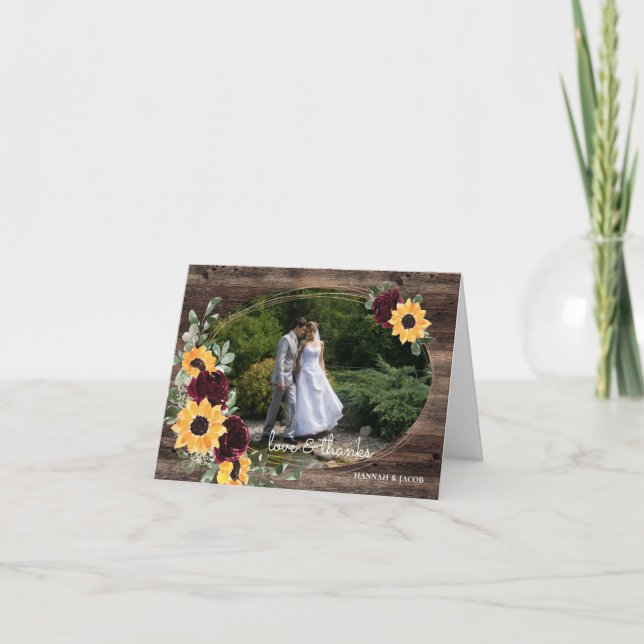 Sonnenblumen Rose Rustikales Foto für Hochzeiten Dankeskarte (Vorderseite)
