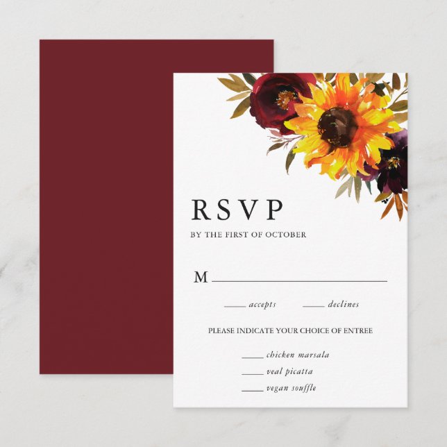 Sonnenblumen Rose Rustikales Herbstessen Hochzeit RSVP Karte (Vorne/Hinten)