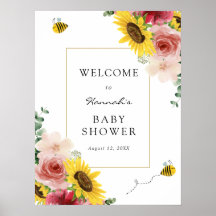 Sonnenblumen, Rose und Bienen Babydusche Empfang