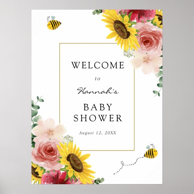 Sonnenblumen, Rose und Bienen Babydusche Empfang Poster (Vorne)