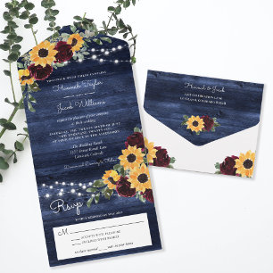 Sonnenblumen Rosen Rustikal Marineblau Holz Hochze All In One Einladung