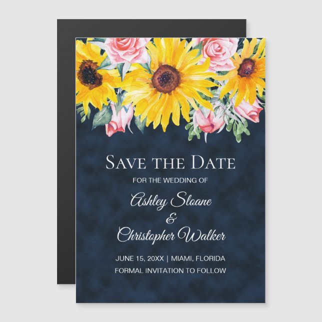 Sonnenblumen Rosenrosen Navy Blue Hochzeit Rett Da Magnetkarte (Vorne/Hinten)