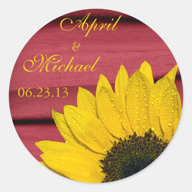 Sonnenblumen Rot Personalisiert Hochzeitsticker Runder Aufkleber (Vorderseite)