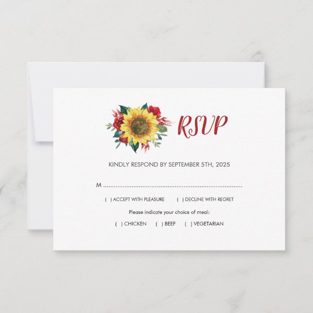 Sonnenblumen Rote Rose Blumenmahlzeiten Hochzeit RSVP Karte (Vorderseite)