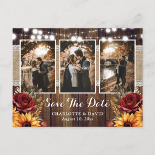 Sonnenblumen Rote Rose Rustic Wood Wedding Foto Ankündigungspostkarte