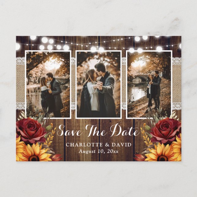 Sonnenblumen Rote Rose Rustic Wood Wedding Foto Ankündigungspostkarte (Vorderseite)