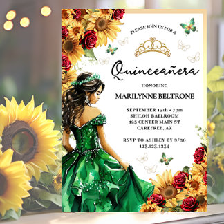 Sonnenblumen Rote Rosen Grüne Prinzessin Quinceañe Einladung