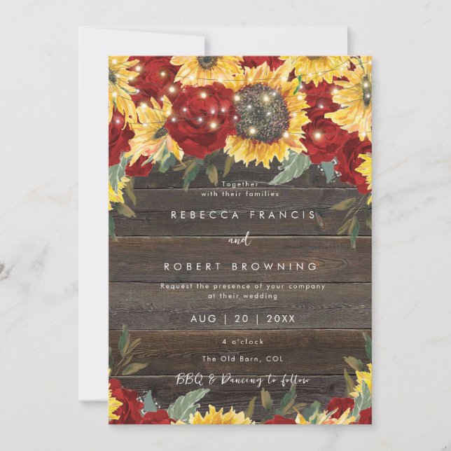 Sonnenblumen rote Rosen halten Hochzeitseinladung  Einladung (Vorderseite)