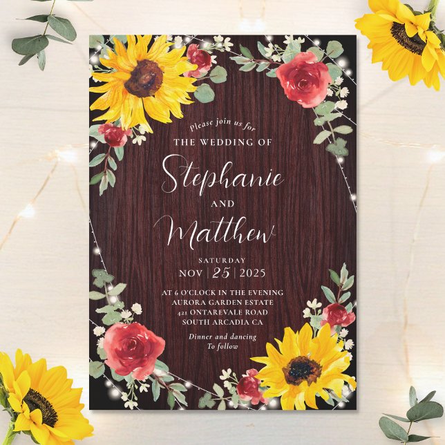 Sonnenblumen Rote Rosen Lights Wood Wedding Einladung (Von Creator hochgeladen)