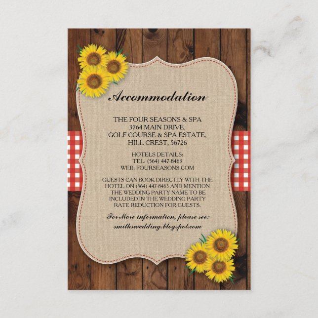 Sonnenblumen Rote Unterkunft Burlap Hochzeitskarte Begleitkarte (Vorderseite)
