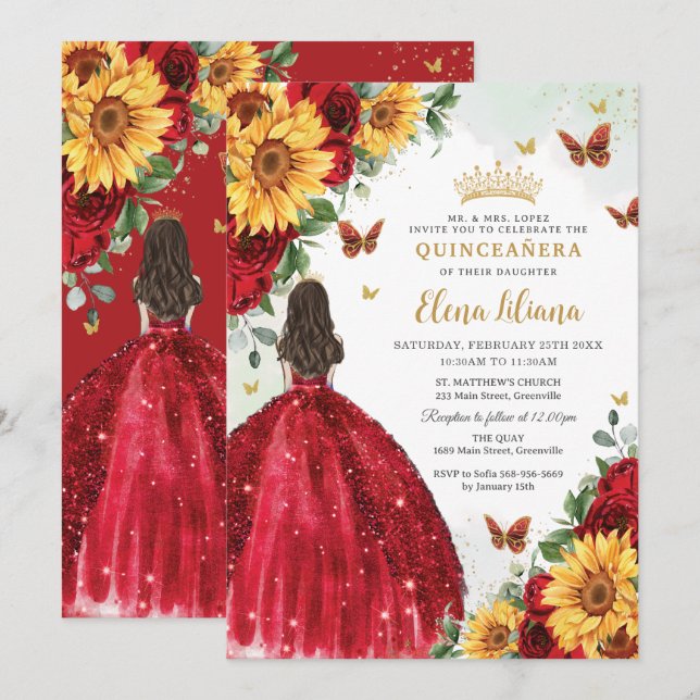 Sonnenblumen Rotes Blumenkleid Quinceañera Süß 16 Einladung (Vorne/Hinten)
