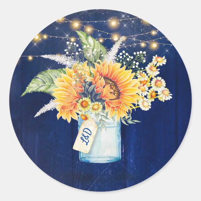 Sonnenblumen Rustic Navy Blue Hochzeit im Herbst M Runder Aufkleber (Vorderseite)
