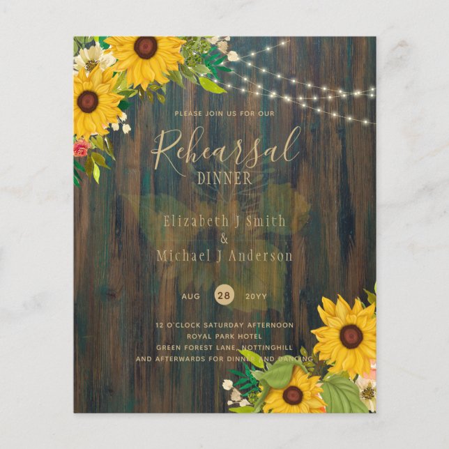 Sonnenblumen Rustic Wood Wedding PROBE DINNER Flyer (Vorne)
