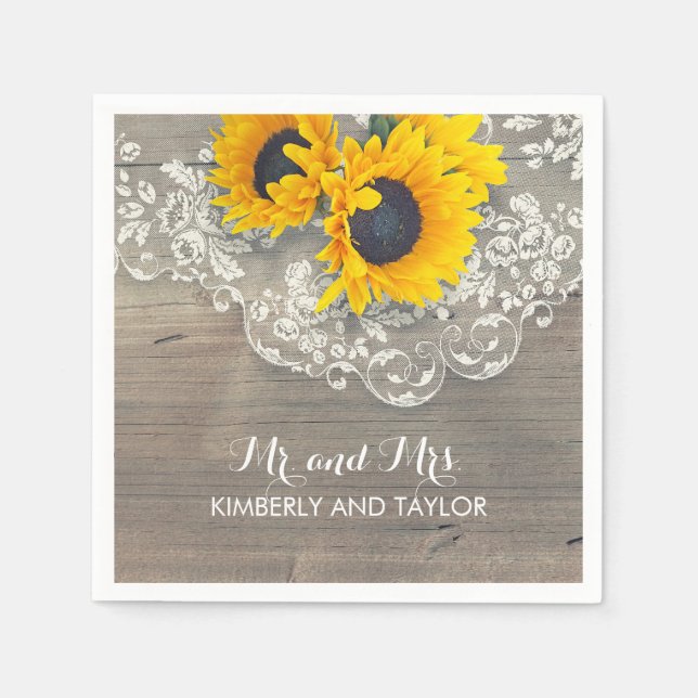 Sonnenblumen Rustikale Holzlace Country Wedding Serviette (Vorderseite)