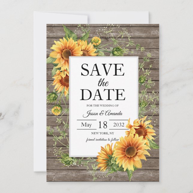 Sonnenblumen Rustikale Holzverheiratung Save The Date (Vorderseite)