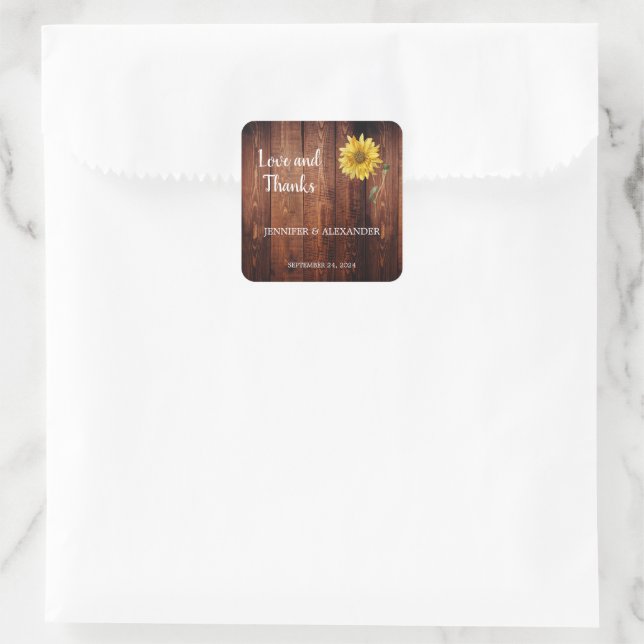 Sonnenblumen rustikale Stallholz Liebe und Dank Ho Quadratischer Aufkleber (Tasche)