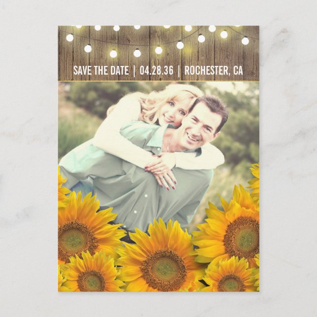 Sonnenblumen Rustikales Foto Save the Date Postkar Ankündigungspostkarte (Vorderseite)