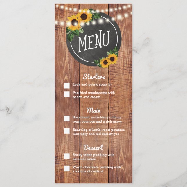 Sonnenblumen Rustikales Hochzeitmenü Menükarte (Vorderseite)