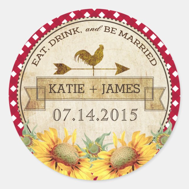 Sonnenblumen Rustikales Hochzeitslabel Runder Aufkleber (Vorderseite)