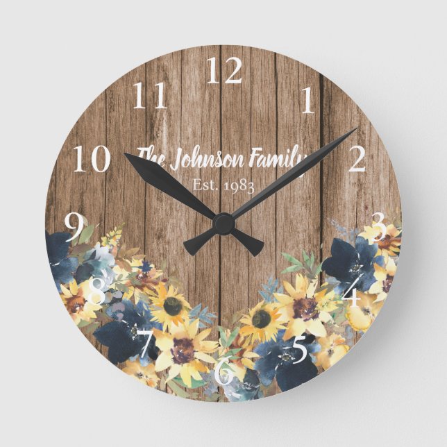 Sonnenblumen Rustikales Holz Familie Name Küche Uh Runde Wanduhr (Vorderseite)