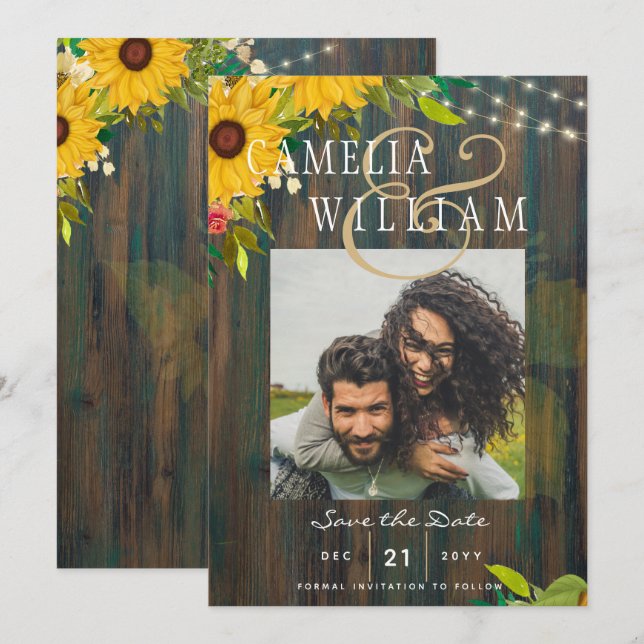 Sonnenblumen Rustikales Holz FOTO Hochzeit speiche Einladung (Vorne/Hinten)