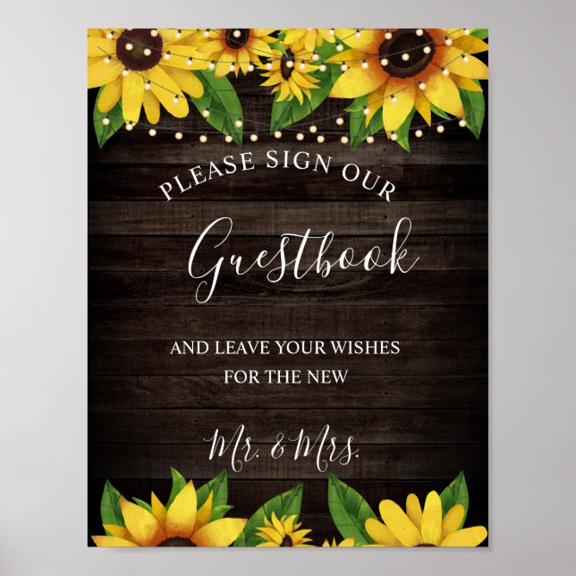 Sonnenblumen-Rustikales-Holz-Lichterkette-Hochzeit Poster (Vorne)