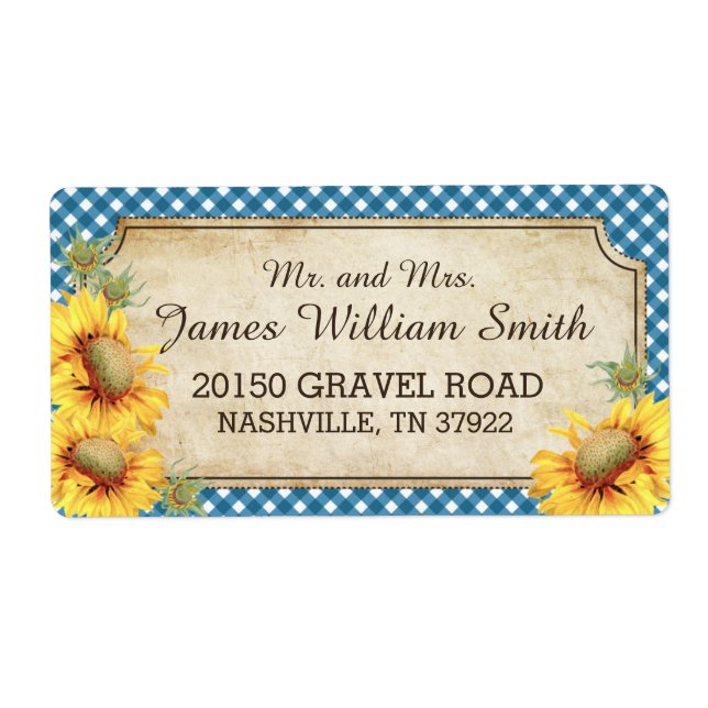 Sonnenblumen Rustikales malerisches Hochzeitslabel (Vorne)