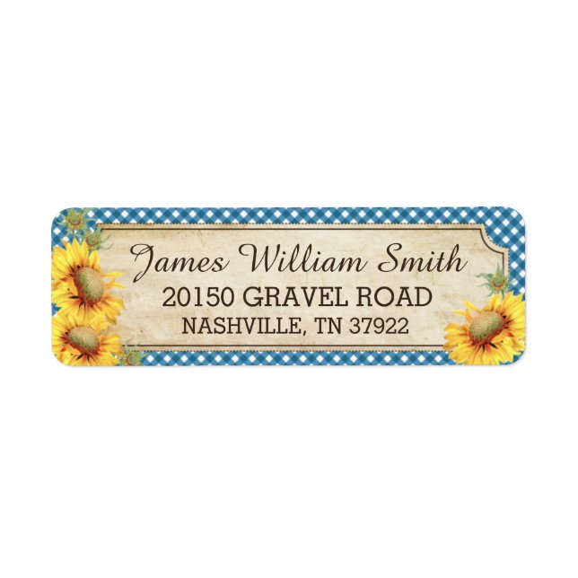 Sonnenblumen Rustikales malerisches Hochzeitslabel (Vorne)