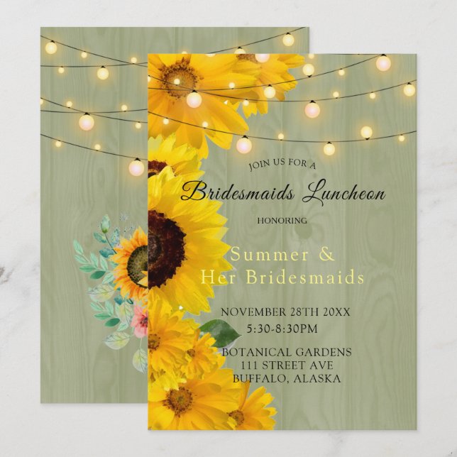 Sonnenblumen Sage Wood Lights Bridesmaids Luncheon Einladung (Vorne/Hinten)