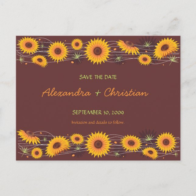 Sonnenblumen Save the Date Hochzeitsankündigung 2 Ankündigungspostkarte (Vorderseite)