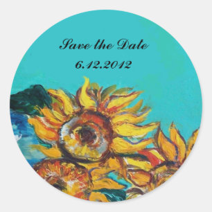 SONNENBLUMEN Save the Date IN BLAUEM TURQUOISE Runder Aufkleber