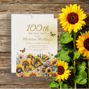 Sonnenblumen Schmetterlinge 100. Geburtstagsparty Einladung