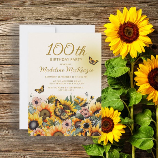 Sonnenblumen Schmetterlinge 100. Geburtstagsparty Einladung (Von Creator hochgeladen)