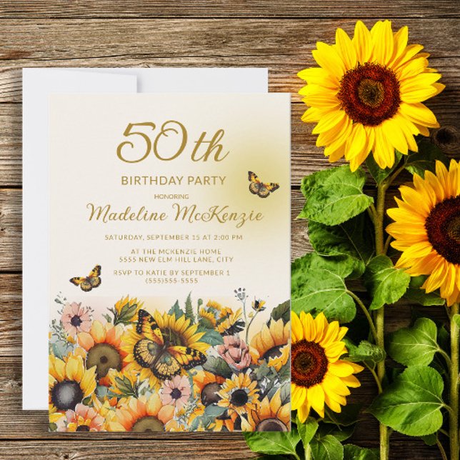 Sonnenblumen Schmetterlinge 50. Geburtstagsparty d Einladung (Von Creator hochgeladen)