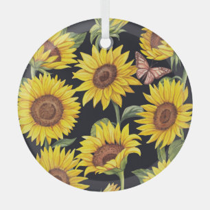 Sonnenblumen, Schmetterlinge, Aquarellschwarz Ornament Aus Glas