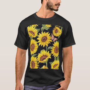 Sonnenblumen, Schmetterlinge, Aquarellschwarz T-Shirt
