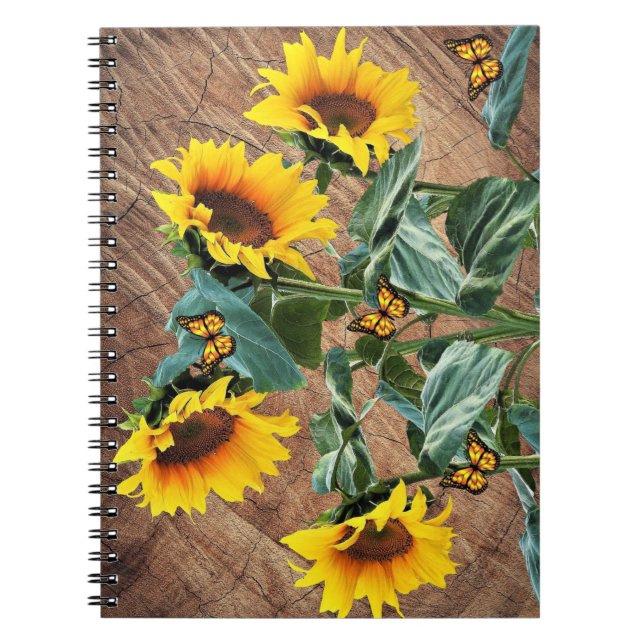 Sonnenblumen Schmetterlinge Rustikales Barnboard Notizblock (Vorderseite)