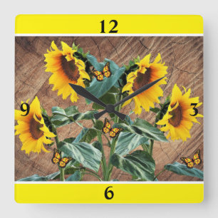 Sonnenblumen Schmetterlinge Rustikales Barnboard P Quadratische Wanduhr