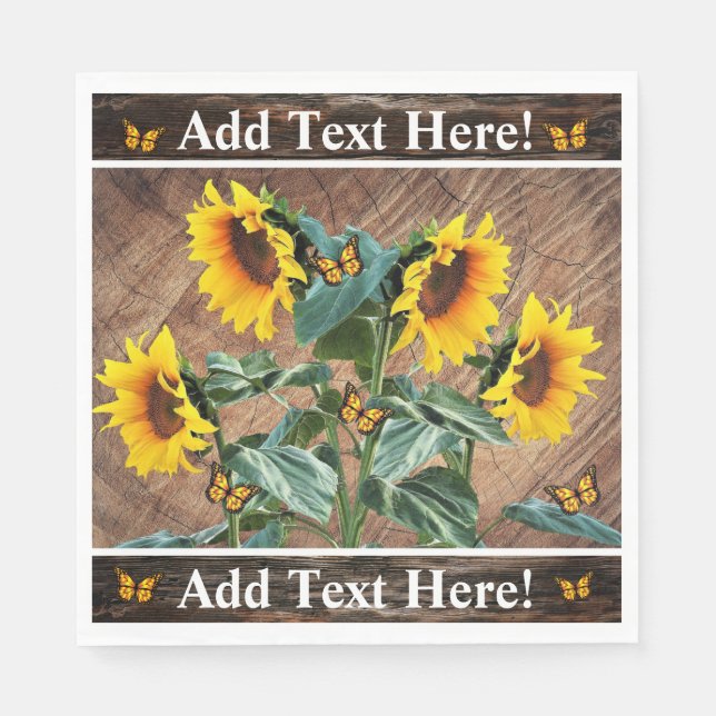 Sonnenblumen Schmetterlinge Rustikales Barnboard Serviette (Vorderseite)