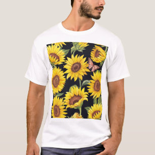 Sonnenblumen, Schmetterlinge, Wasserfarbe schwarze T-Shirt