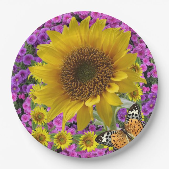 Sonnenblumen Schmetterlingspapier-Teller Pappteller (Vorderseite)