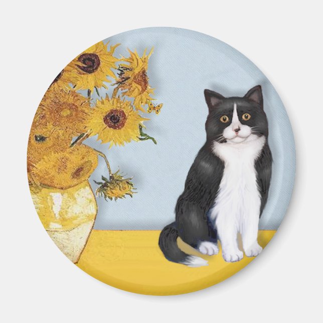 Sonnenblumen - Schwarz-Weiß-Katze Magnet (Vorne)