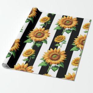 Sonnenblumen Schwarz-weiße Streifen Geschenkpapier
